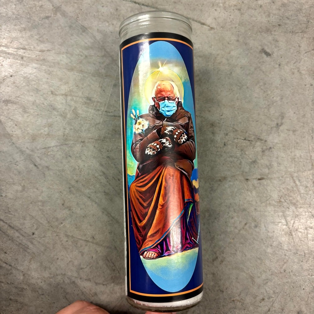 Bernie Sanders Mittens Prayer Candle 8" Glass Novelty Candle Kitschup Creations